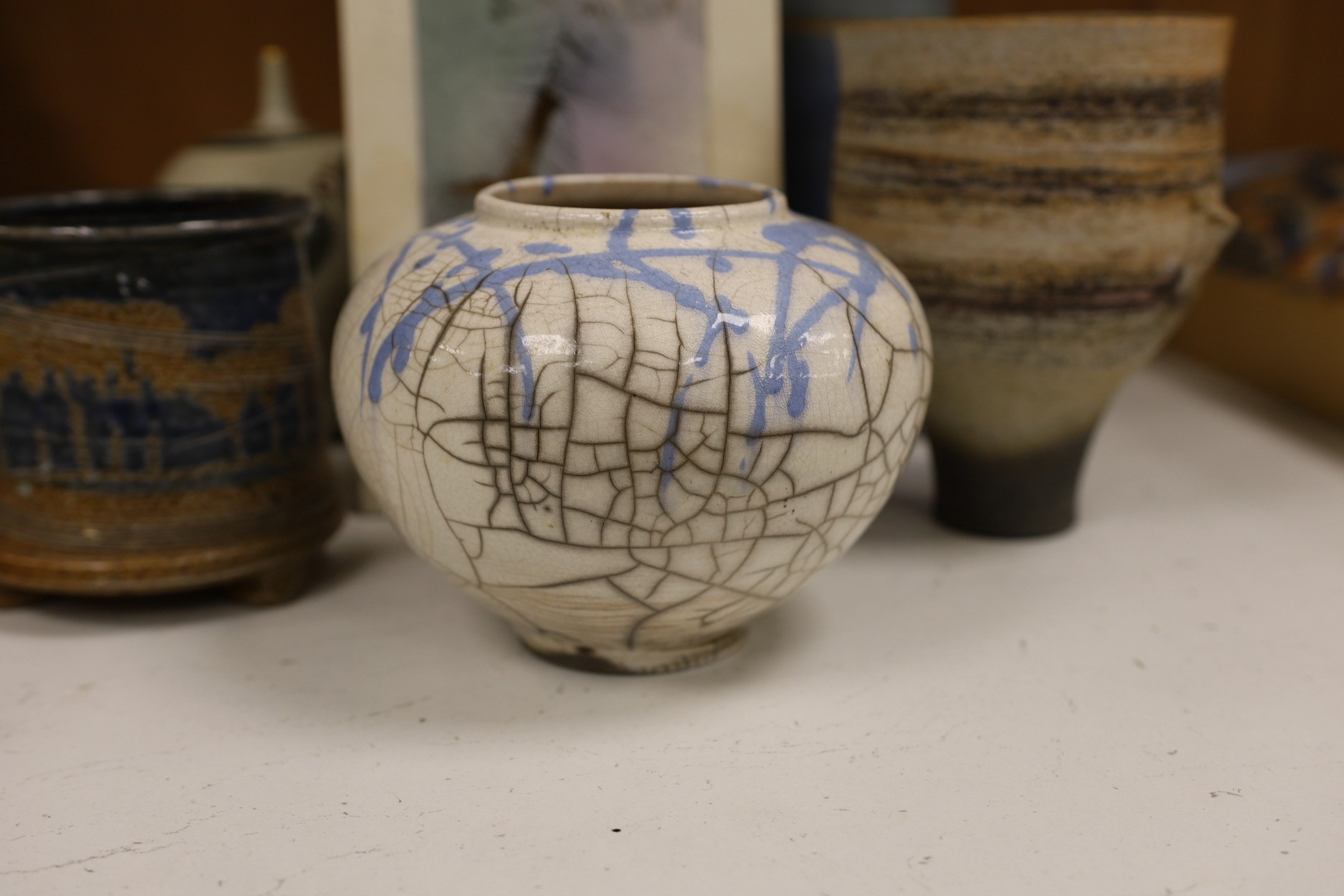 A Gordon Cooke abstract studio pottery panel, together with a Bernard Charles vase and other studio pottery, tallest 22cm